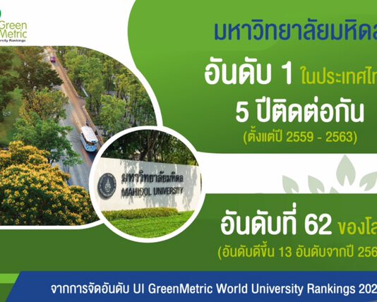 ม.มหิดล มหาวิทยาลัยสีเขียว อันดับ 1 ของประเทศไทย 5 ปีซ้อน