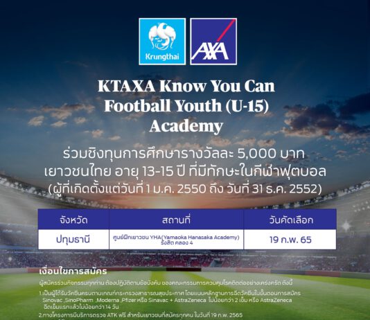 กรุงไทย–แอกซ่า ประกันชีวิต ขอเชิญชวนเยาวชน อายุ 13-15 ปี เข้าร่วมโครงการ KTAXA Know You Can Football Youth (U-15) Academy ปีที่ 2 (ภาคกลาง)