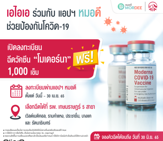 เอไอเอ ประเทศไทย จับมือ แอปพลิเคชัน MorDee (หมอดี) เปิดจองวัคซีนโมเดอร์นาฟรี ผ่านแอปฯ หมอดี
