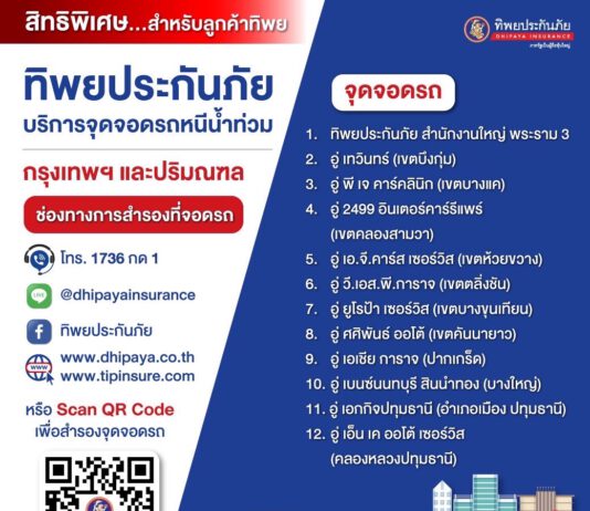 ทิพยประกันภัย ใจดี ให้จอดฟรี หนีน้ำท่วม