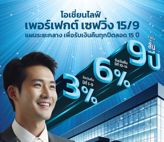 OCEAN LIFE ไทยสมุทร เปิดตัว โอเชี่ยนไลฟ์ เพอร์เฟกต์ เซฟวิ่ง 15/9 ประกันออมทรัพย์ระยะกลางสำหรับผู้ที่ต้องการเงินคืนทุกปีตลอด 15 ปี