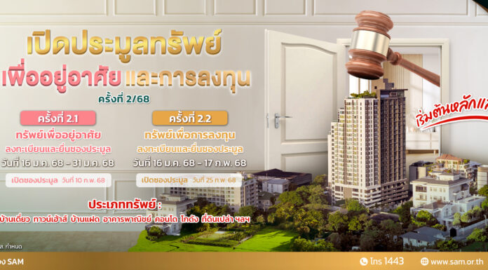 SAM ชูไฮไลท์นำที่ดินแปลงใหญ่ปทุมธานี เกือบ 60 ไร่ มูลค่ากว่า 500 ล. ให้นักลงทุนที่สนใจและผู้ที่ต้องการทรัพย์เพื่ออยู่อาศัย ร่วมประมูลเดือน ก.พ.นี้