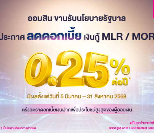 ออมสิน ประกาศลดดอกเบี้ยเงินกู้ MLR / MOR 0.25% ขานรับนโยบายรัฐช่วยภาคธุรกิจ พร้อมตรึงดอกเบี้ยเงินฝากเพื่อประโยชน์สูงสุดของผู้ออมเงิน