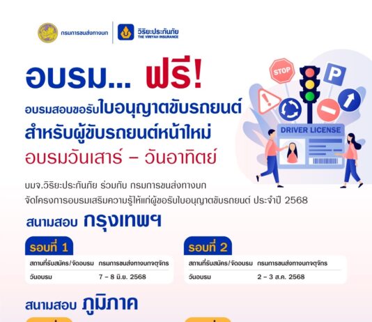 วิริยะประกันภัย – กรมการขนส่งทางบก จัดอบรมใบขับขี่ ประจำปี 2568 เปิดอบรม 4 รุ่น ทั้งส่วนกลางและภูมิภาค “กรุงเทพฯ – ชลบุรี – มหาสารคาม”
