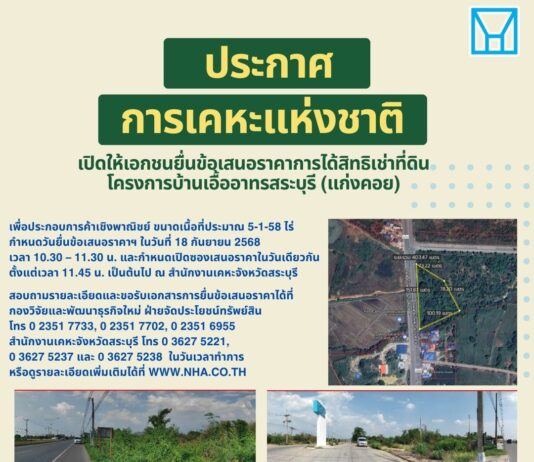 การเคหะแห่งชาติหวังกระตุ้นเศรษฐกิจในสระบุรี เปิดจองสิทธิเช่าที่ดินทำลเด่นในบ้านเอื้ออาทรสระบุรี (แก่งคอย)