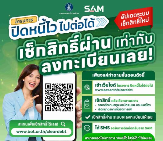 SAM เปิดช่องลูกหนี้ NPL เช็กสิทธิ์-ลงทะเบียน “ปิดหนี้ไว ไปต่อได้” ก่อนเที่ยวสงกรานต์ คลิกเดียวรู้ผลทันที ย้ำชัดระบบเช็กง่าย ปลอดภัย 100%