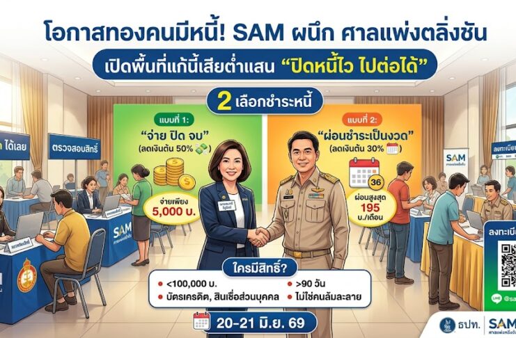 โอกาสทองคนมีหนี้! SAM แท็กทีม ศาลแพ่งตลิ่งชัน เปิดพื้นที่แก้หนี้เสียต่ำแสน “ปิดหนี้ไว ไปต่อได้” 20-21 มิ.ย. นี้