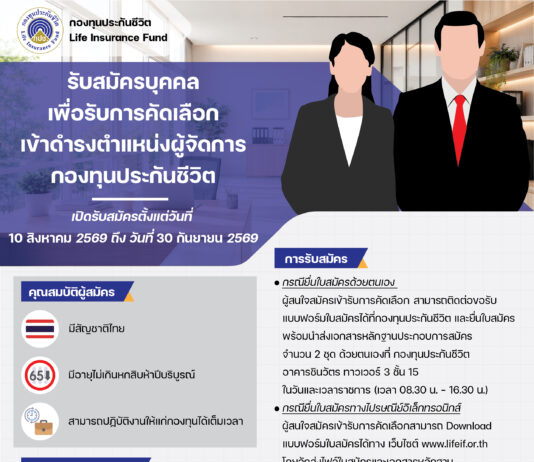 กองทุนประกันชีวิตประกาศเปิดรับสมัครบุคคลเพื่อคัดเลือกและแต่งตั้งให้ดำรงตำแหน่งผู้จัดการกองทุนประกันชีวิต (ครั้งที่ 4)