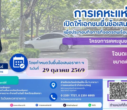 การเคหะแห่งชาติเปิดเอกชนเช่าที่ดินฉะเชิงเทรา 3 ไร่ ดันธุรกิจที่จอดรถและกิจการต่อเนื่อง