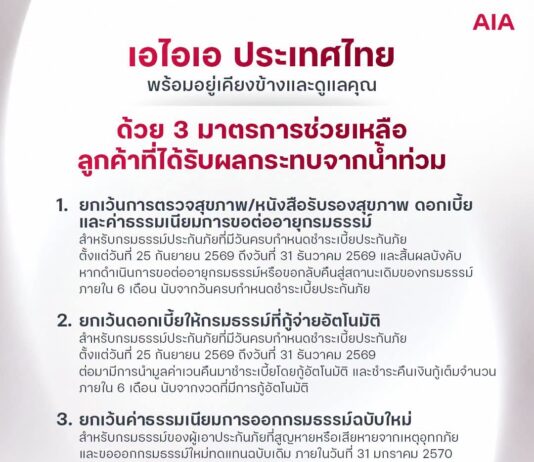 เอไอเอ ประเทศไทย พร้อมอยู่เคียงข้างและดูแลลูกค้า มอบ 3 มาตรการช่วยเหลือเพื่อบรรเทาความเดือดร้อนจากสถานการณ์น้ำท่วม
